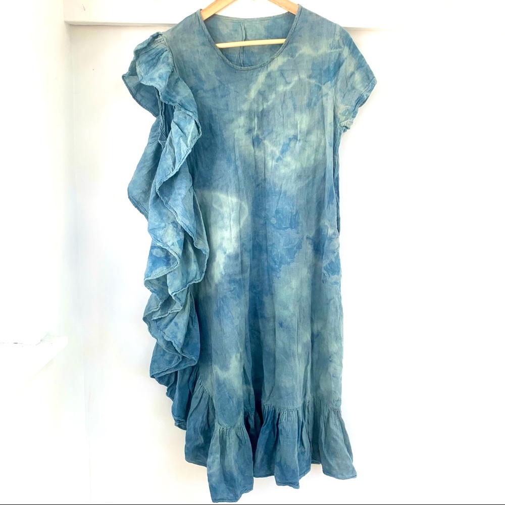 Hand dyed Indigo cotton giant side ruffle dress